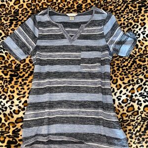 Blue and Grey Striped V-neck Casual Blouse